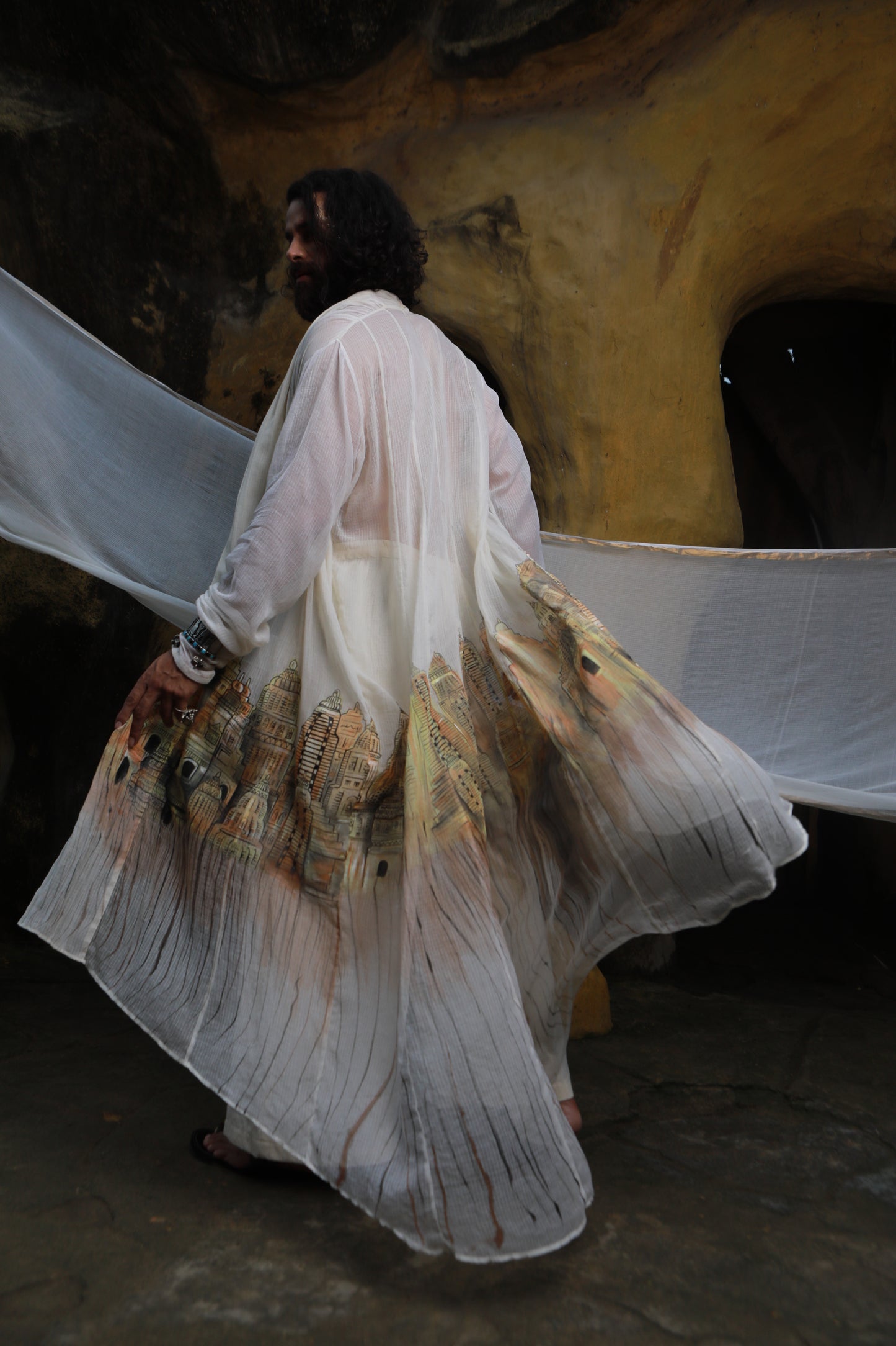 DEVI DRAPE MEN’S KOTA DORIA HAND PAINTED SHRUG WITH KHADI SHORT KURTA AND PANTS