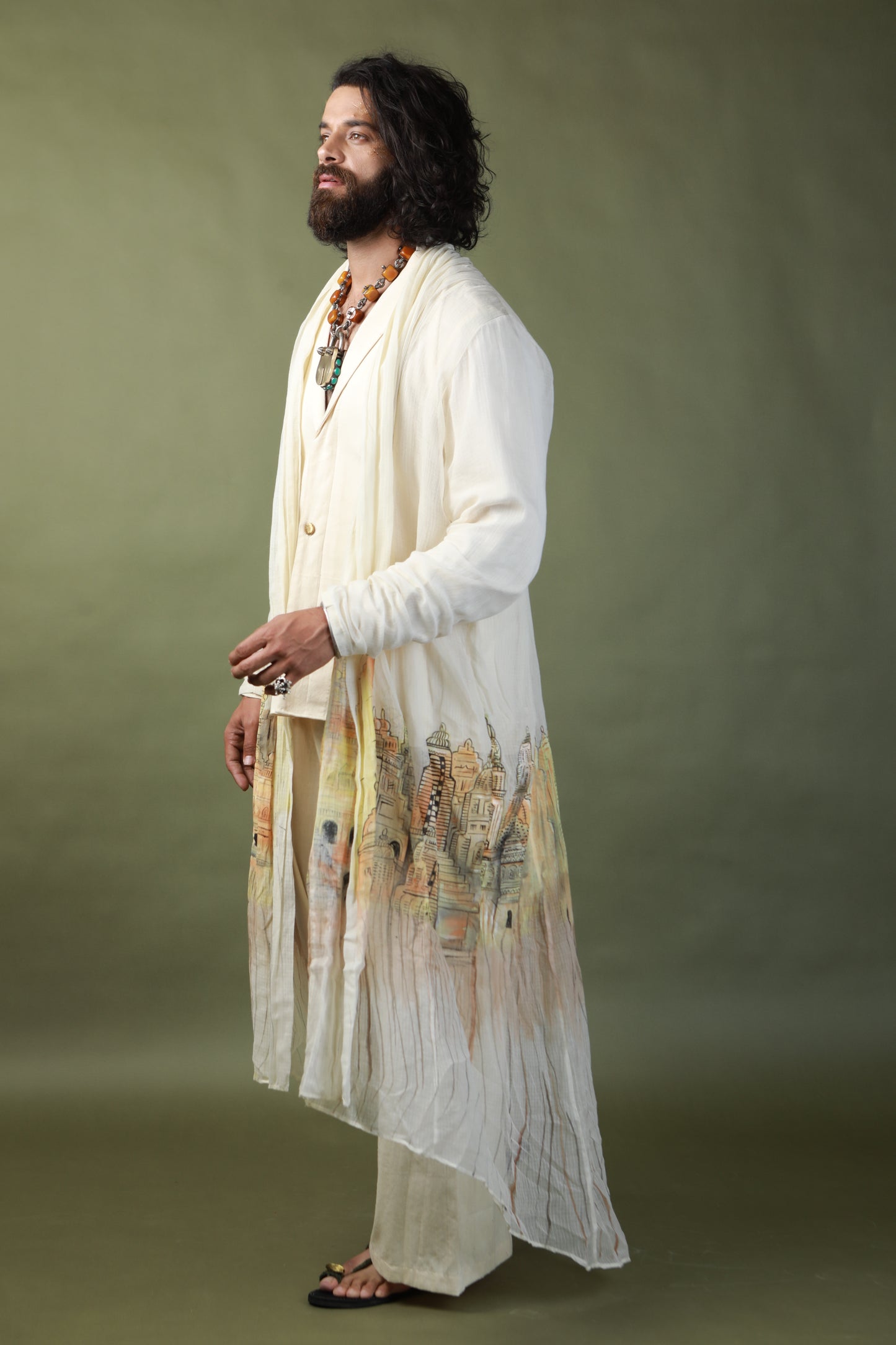 DEVI DRAPE MEN’S KOTA DORIA HAND PAINTED SHRUG WITH KHADI SHORT KURTA AND PANTS