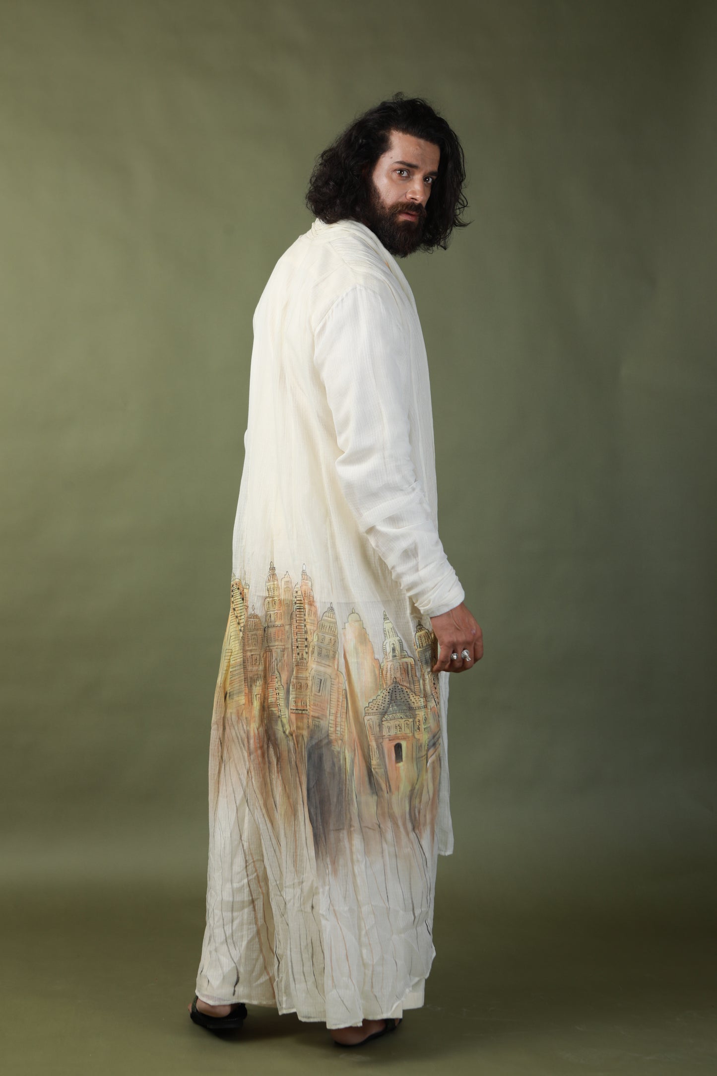 DEVI DRAPE MEN’S KOTA DORIA HAND PAINTED SHRUG WITH KHADI SHORT KURTA AND PANTS