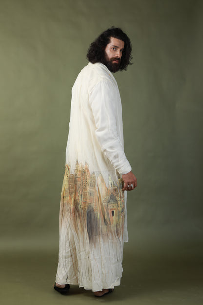 DEVI DRAPE MEN’S KOTA DORIA HAND PAINTED SHRUG WITH KHADI SHORT KURTA AND PANTS