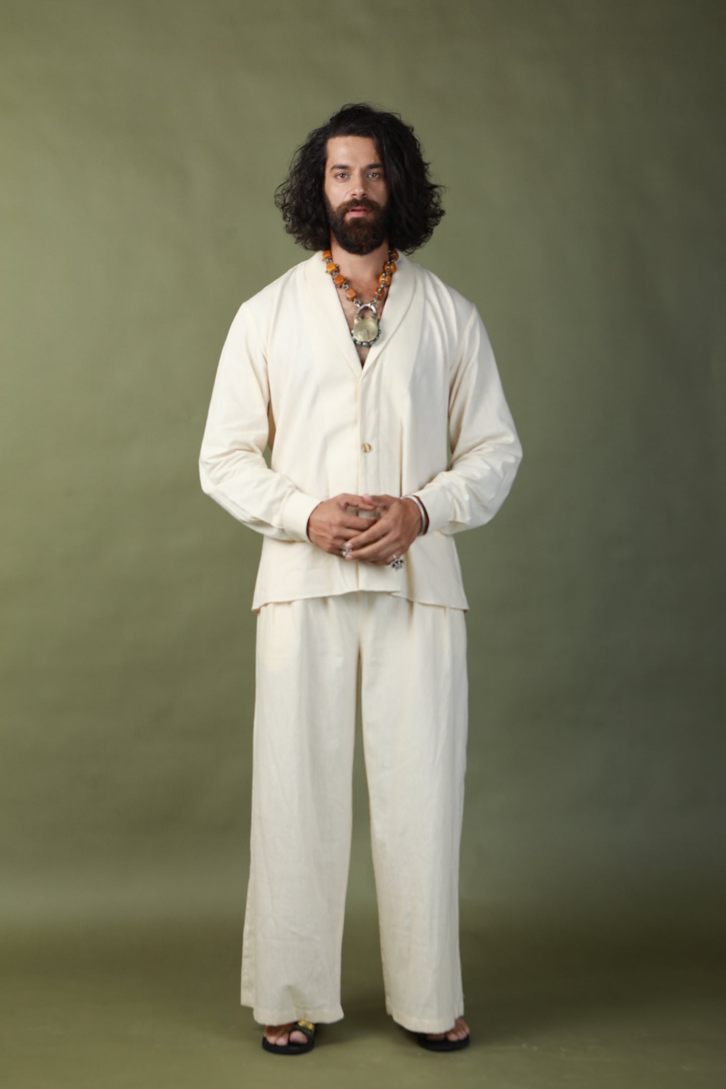 DEVI DRAPE MEN’S KOTA DORIA HAND PAINTED SHRUG WITH KHADI SHORT KURTA AND PANTS