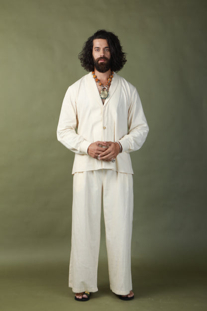 DEVI DRAPE MEN’S KOTA DORIA HAND PAINTED SHRUG WITH KHADI SHORT KURTA AND PANTS