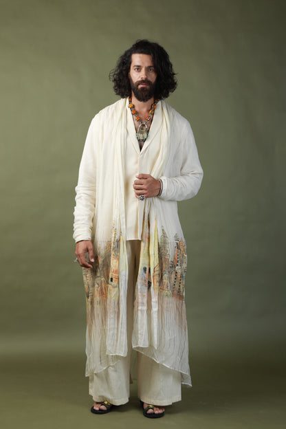 DEVI DRAPE MEN’S KOTA DORIA HAND PAINTED SHRUG WITH KHADI SHORT KURTA AND PANTS