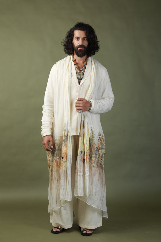 DEVI DRAPE MEN’S KOTA DORIA HAND PAINTED SHRUG WITH KHADI SHORT KURTA AND PANTS