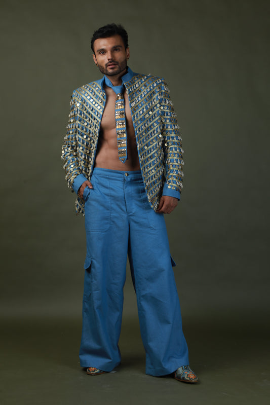 DEVI DRAPE DENIM MEN'S JACKET AND DENIM TIE WITH DENIM CARGO PANTS