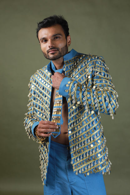 DEVI DRAPE DENIM MEN'S JACKET AND DENIM TIE WITH DENIM CARGO PANTS