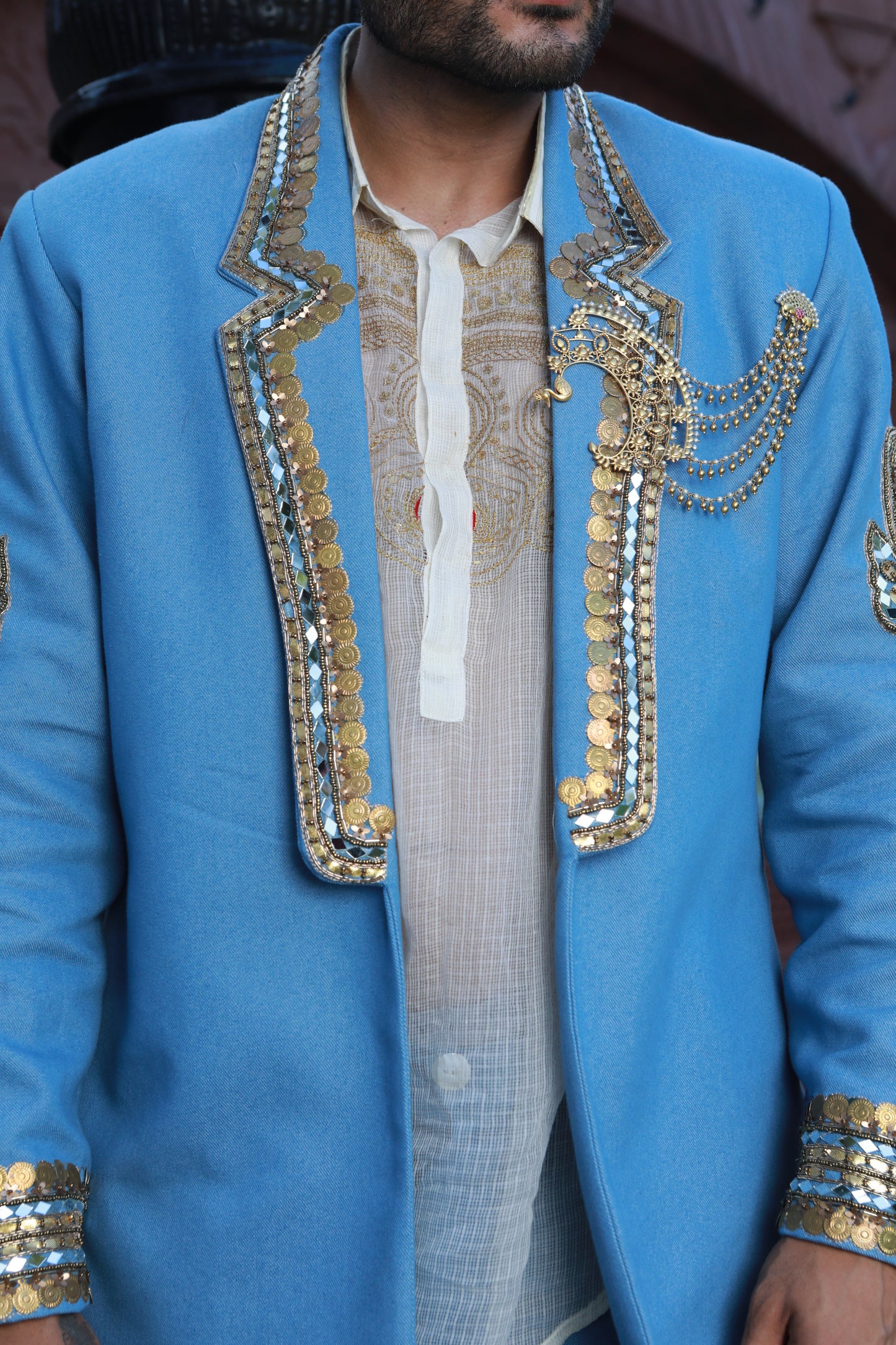 DEVI DRAPE DENIM BLAZER AND KOTA DORIA SHIRT WITH DENIM PANTS