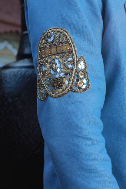 DEVI DRAPE DENIM BLAZER AND KOTA DORIA SHIRT WITH DENIM PANTS