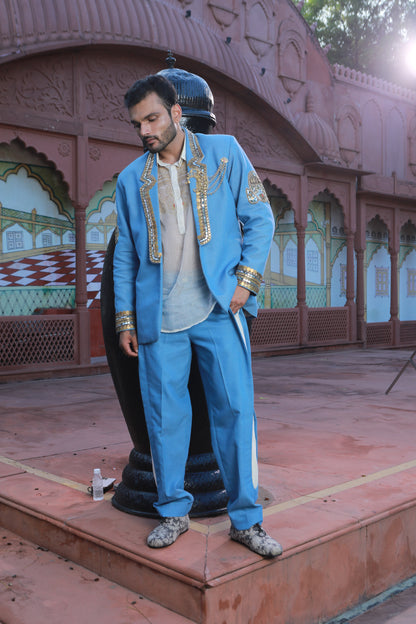 DEVI DRAPE DENIM BLAZER AND KOTA DORIA SHIRT WITH DENIM PANTS