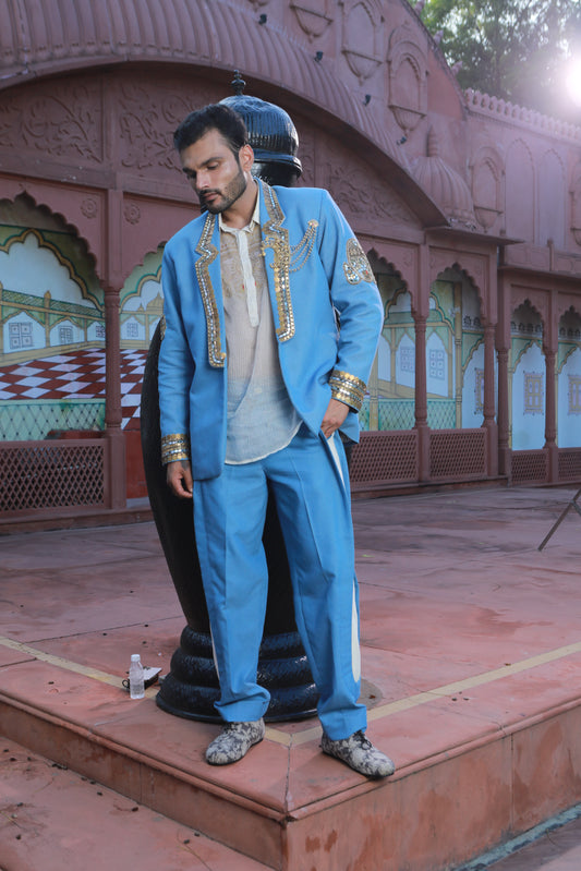 DEVI DRAPE DENIM BLAZER AND KOTA DORIA SHIRT WITH DENIM PANTS