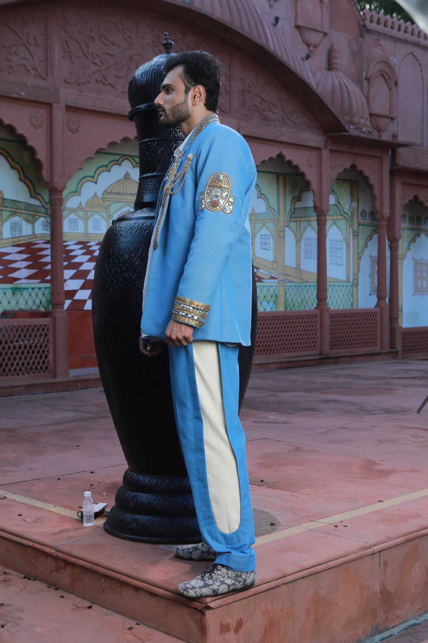 DEVI DRAPE DENIM BLAZER AND KOTA DORIA SHIRT WITH DENIM PANTS
