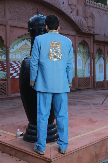 DEVI DRAPE DENIM BLAZER AND KOTA DORIA SHIRT WITH DENIM PANTS