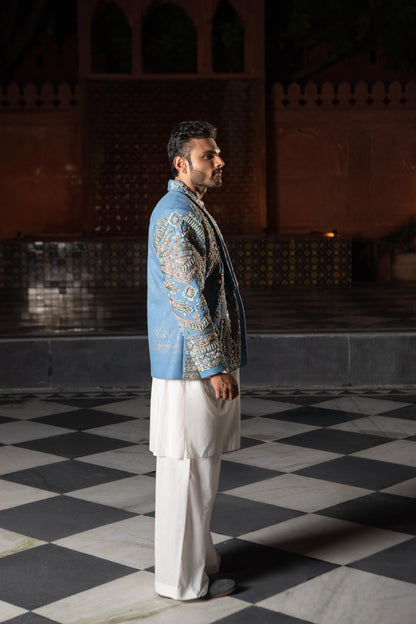 DEVI DRAPE DENIM MEN'S EMBELLISHED BLAZER WITH KURTA AND PAJAMA