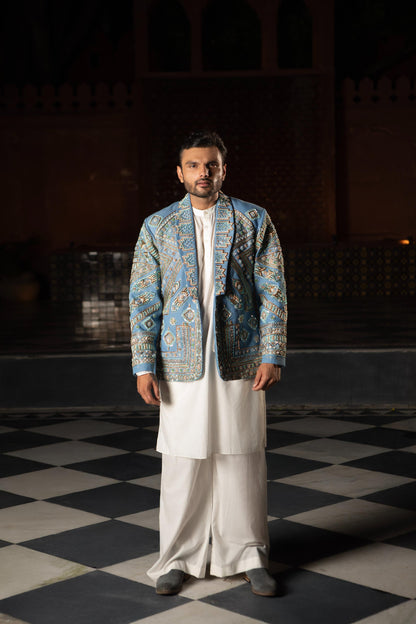DEVI DRAPE DENIM MEN'S EMBELLISHED BLAZER WITH KURTA AND PAJAMA