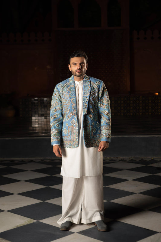 DEVI DRAPE DENIM MEN'S EMBELLISHED BLAZER WITH KURTA AND PAJAMA