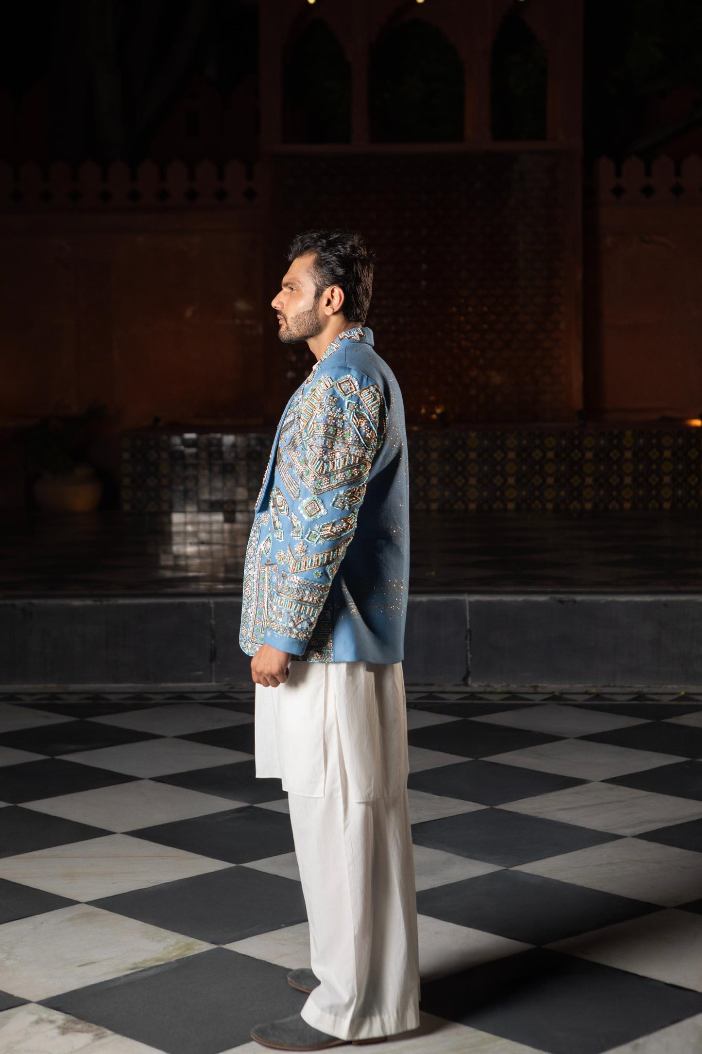 DEVI DRAPE DENIM MEN'S EMBELLISHED BLAZER WITH KURTA AND PAJAMA