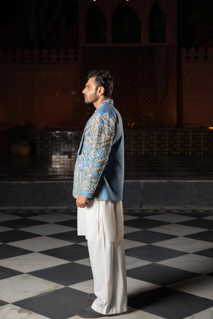 DEVI DRAPE DENIM MEN'S EMBELLISHED BLAZER WITH KURTA AND PAJAMA