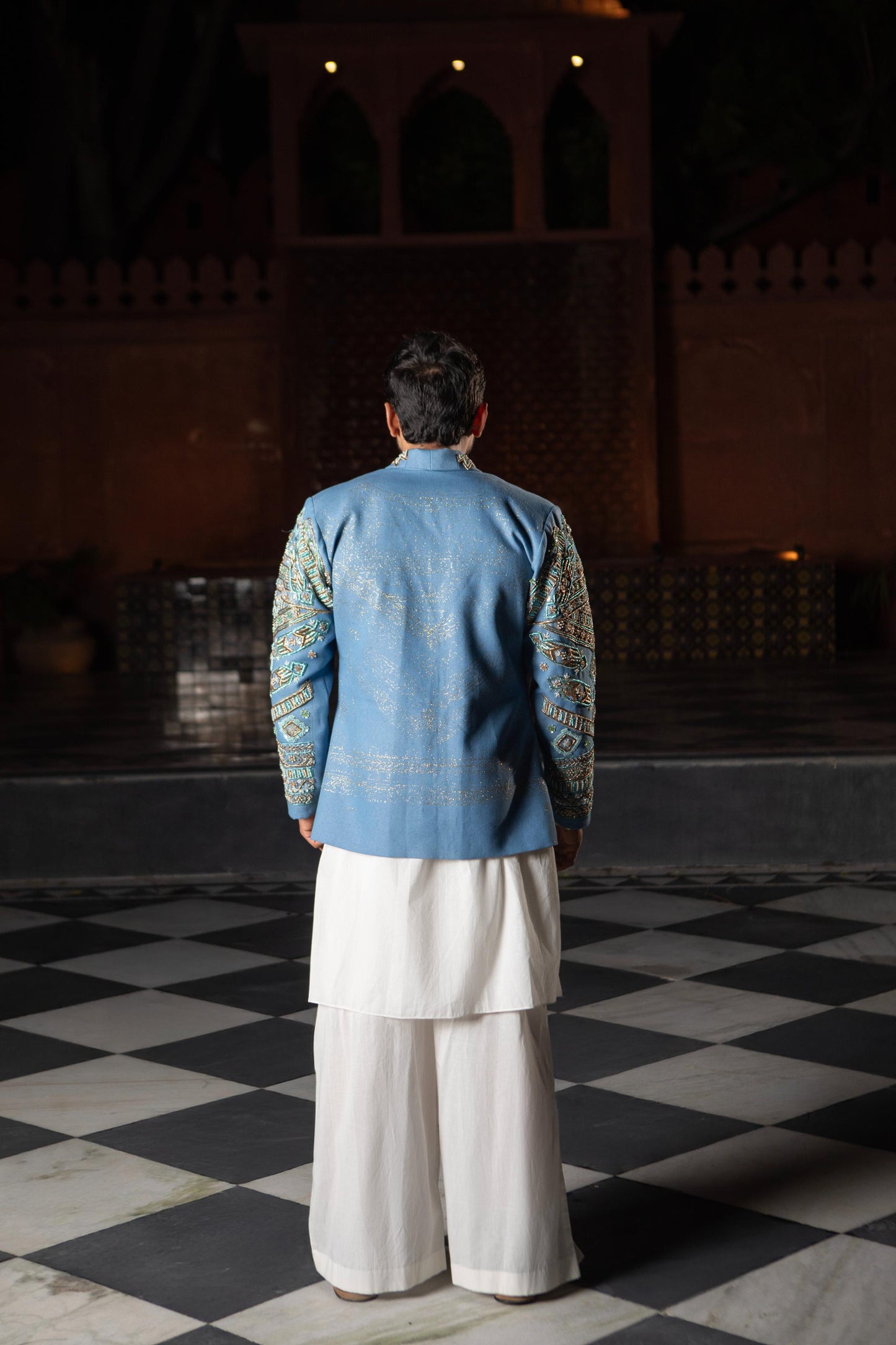 DEVI DRAPE DENIM MEN'S EMBELLISHED BLAZER WITH KURTA AND PAJAMA
