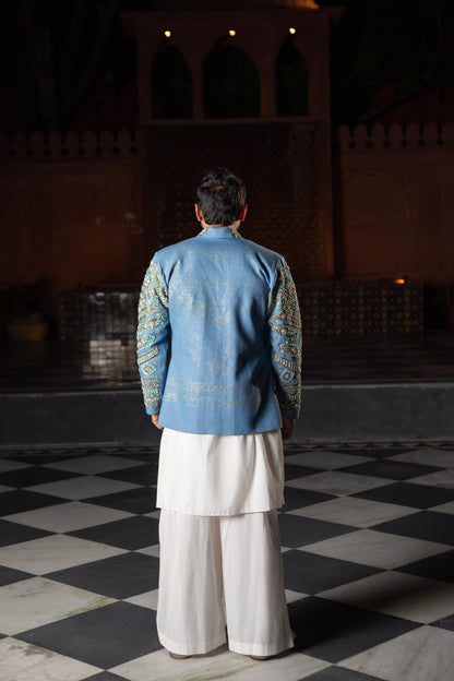 DEVI DRAPE DENIM MEN'S EMBELLISHED BLAZER WITH KURTA AND PAJAMA