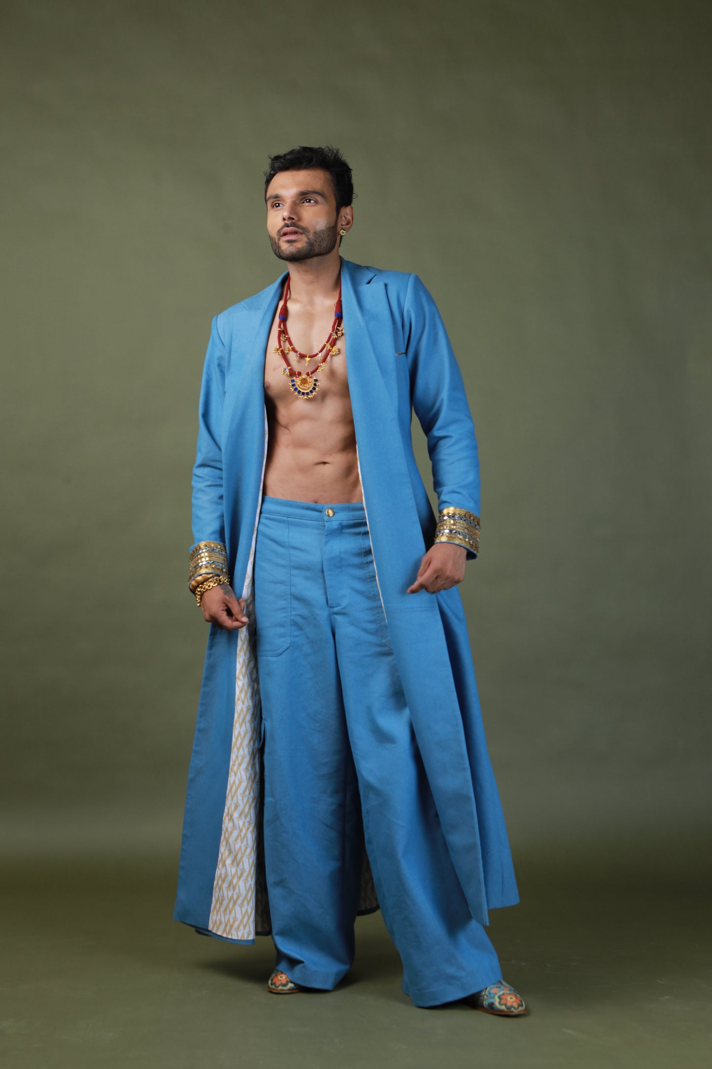 DEVI DRAPE MEN'S DENIM TRENCH COAT WITH DENIM CARGO PANTS