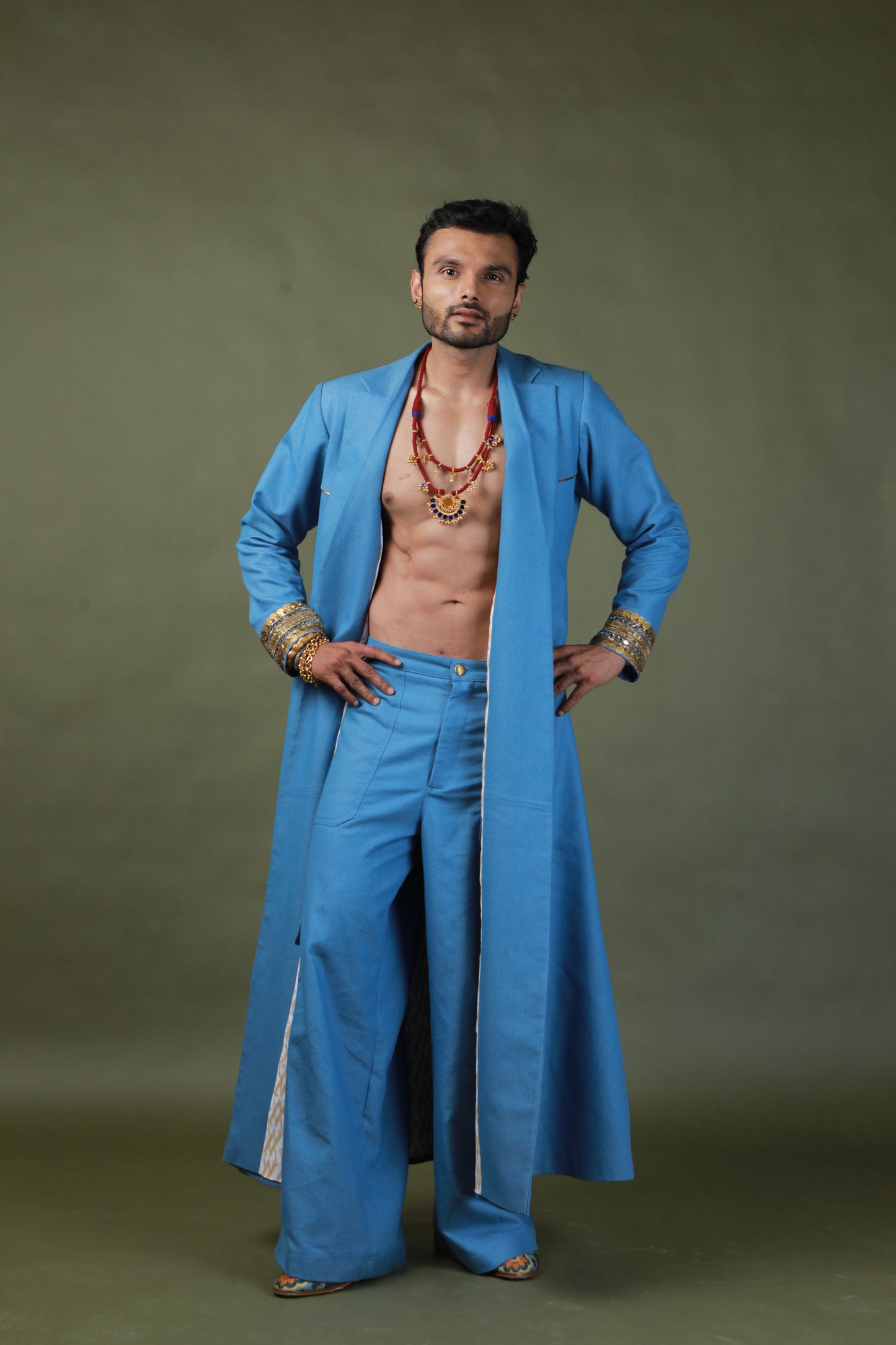 DEVI DRAPE MEN'S DENIM TRENCH COAT WITH DENIM CARGO PANTS