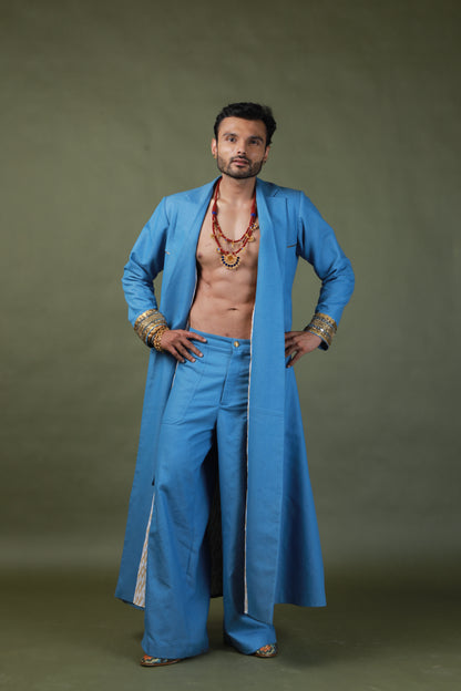 DEVI DRAPE MEN'S DENIM TRENCH COAT WITH DENIM CARGO PANTS