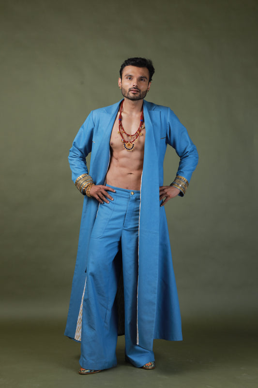 DEVI DRAPE MEN'S DENIM TRENCH COAT WITH DENIM CARGO PANTS