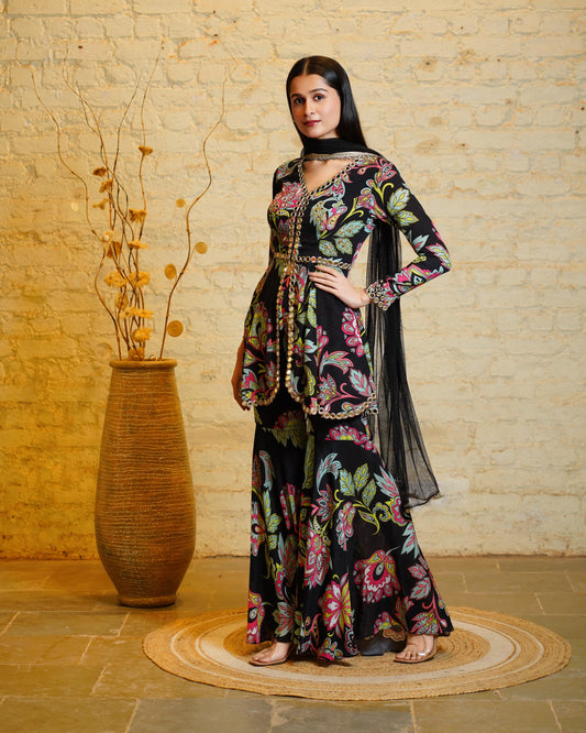 DIVYA BLACK PEPLUM & SHARARA & DUPATTA