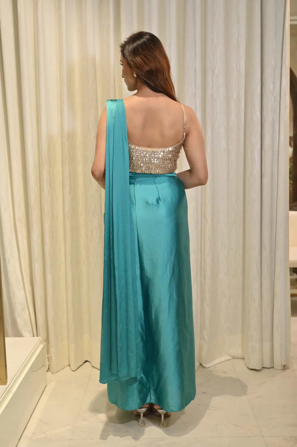 DIYA TEAL PRE-DRAPED SAREE