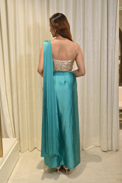 DIYA TEAL PRE-DRAPED SAREE