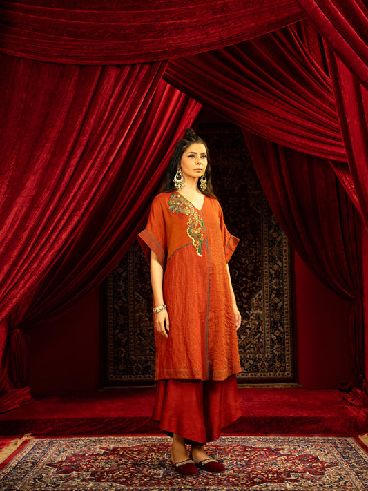 CRIMSON RED KAFTAN KURTA SET WITH FLARED ASYMMETRIC PANTS