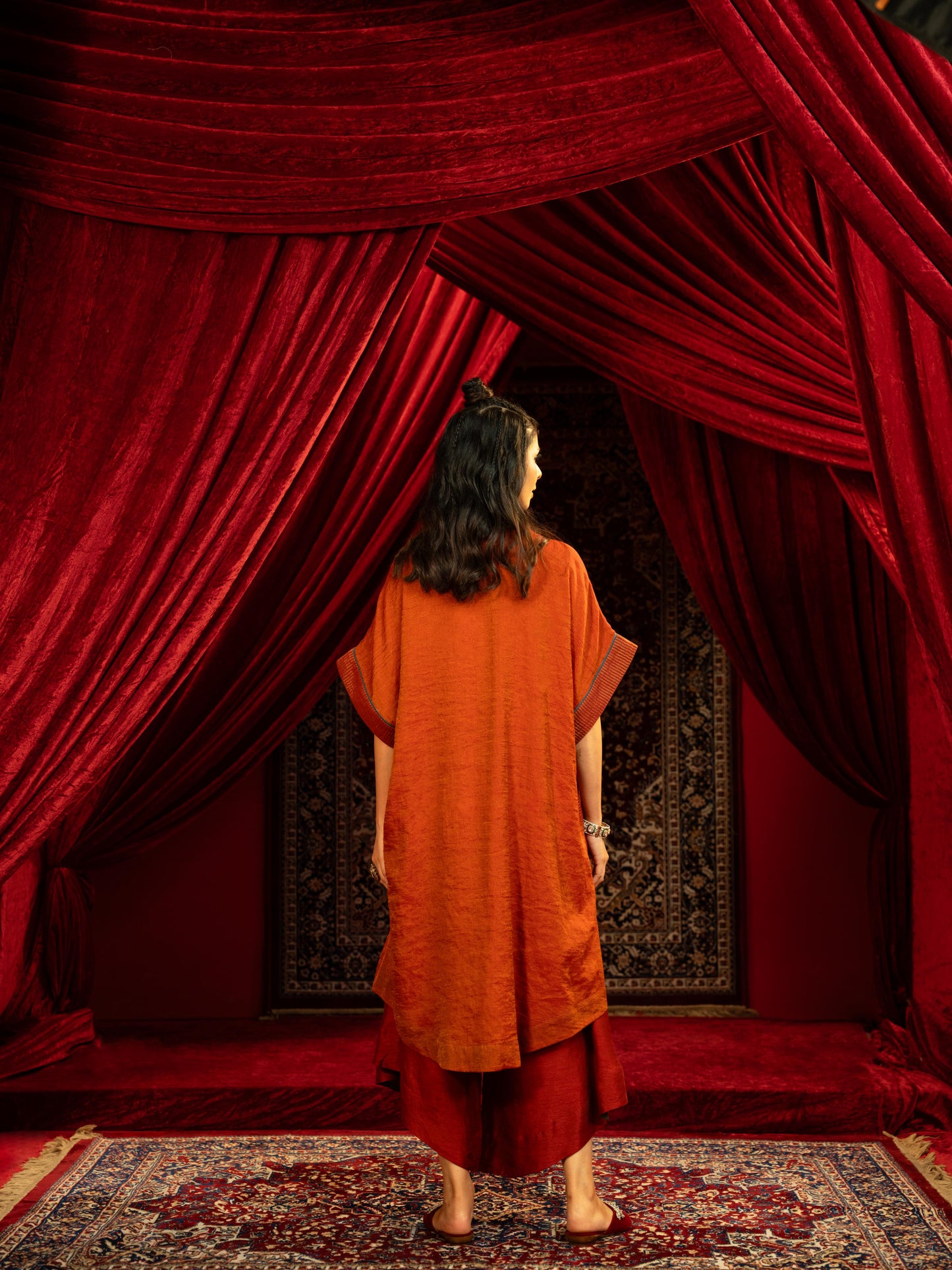 CRIMSON RED KAFTAN KURTA SET WITH FLARED ASYMMETRIC PANTS