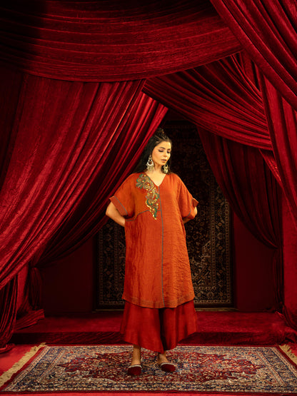 CRIMSON RED KAFTAN KURTA SET WITH FLARED ASYMMETRIC PANTS