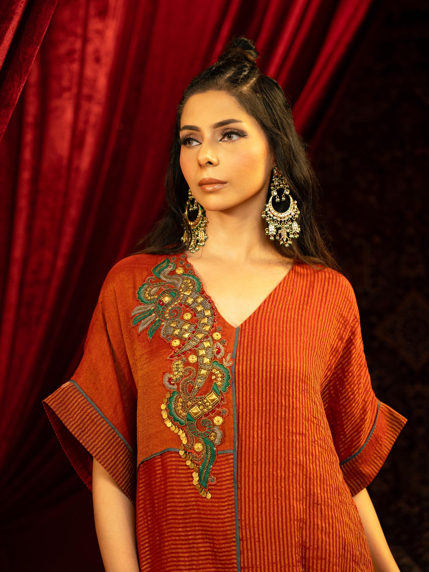 CRIMSON RED KAFTAN KURTA SET WITH FLARED ASYMMETRIC PANTS