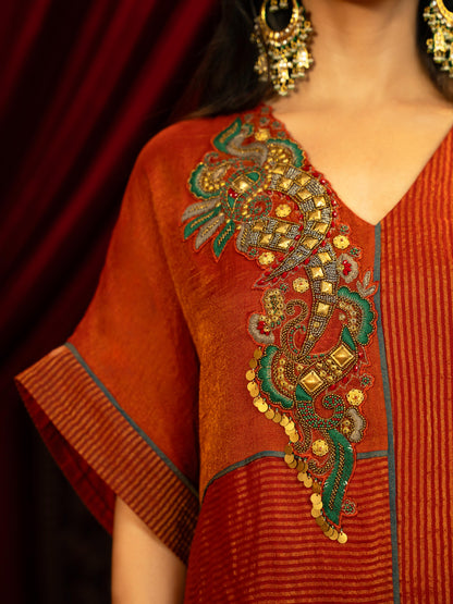 CRIMSON RED KAFTAN KURTA SET WITH FLARED ASYMMETRIC PANTS