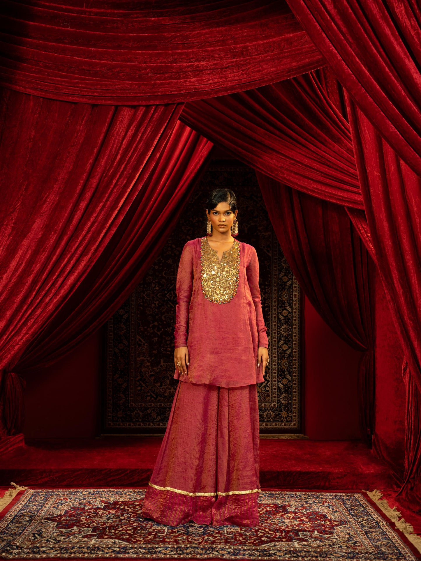 FUCHSIA PINK PEPLUM KURTA WITH SHARARA PANT