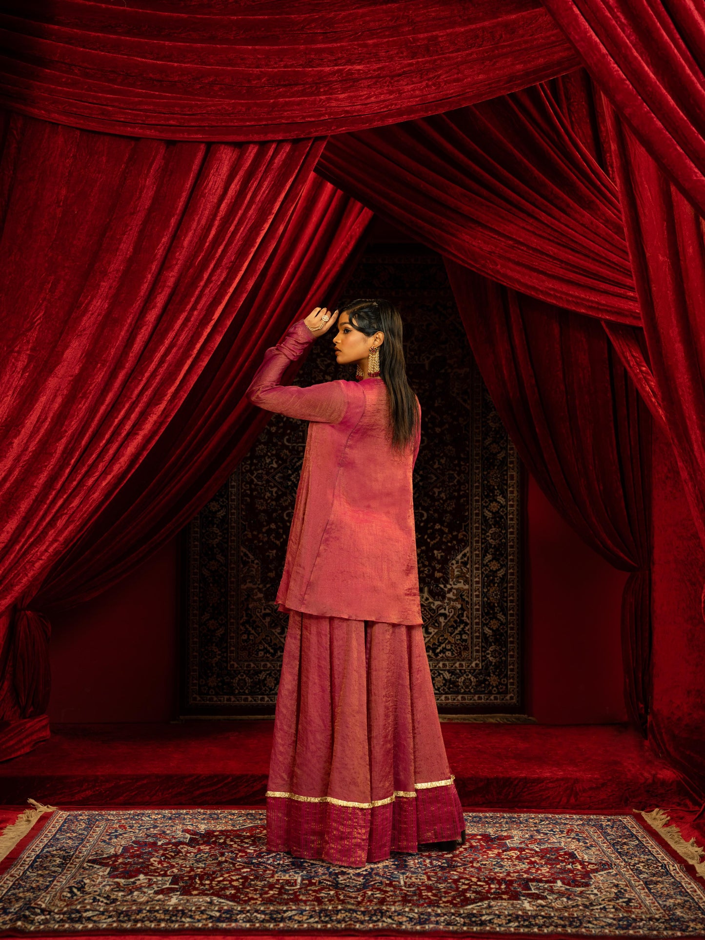 FUCHSIA PINK PEPLUM KURTA WITH SHARARA PANT