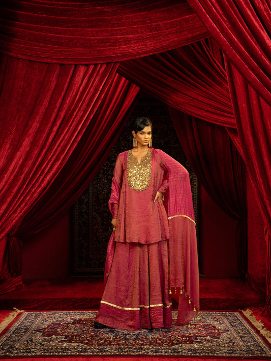 FUCHSIA PINK PEPLUM KURTA WITH SHARARA PANT