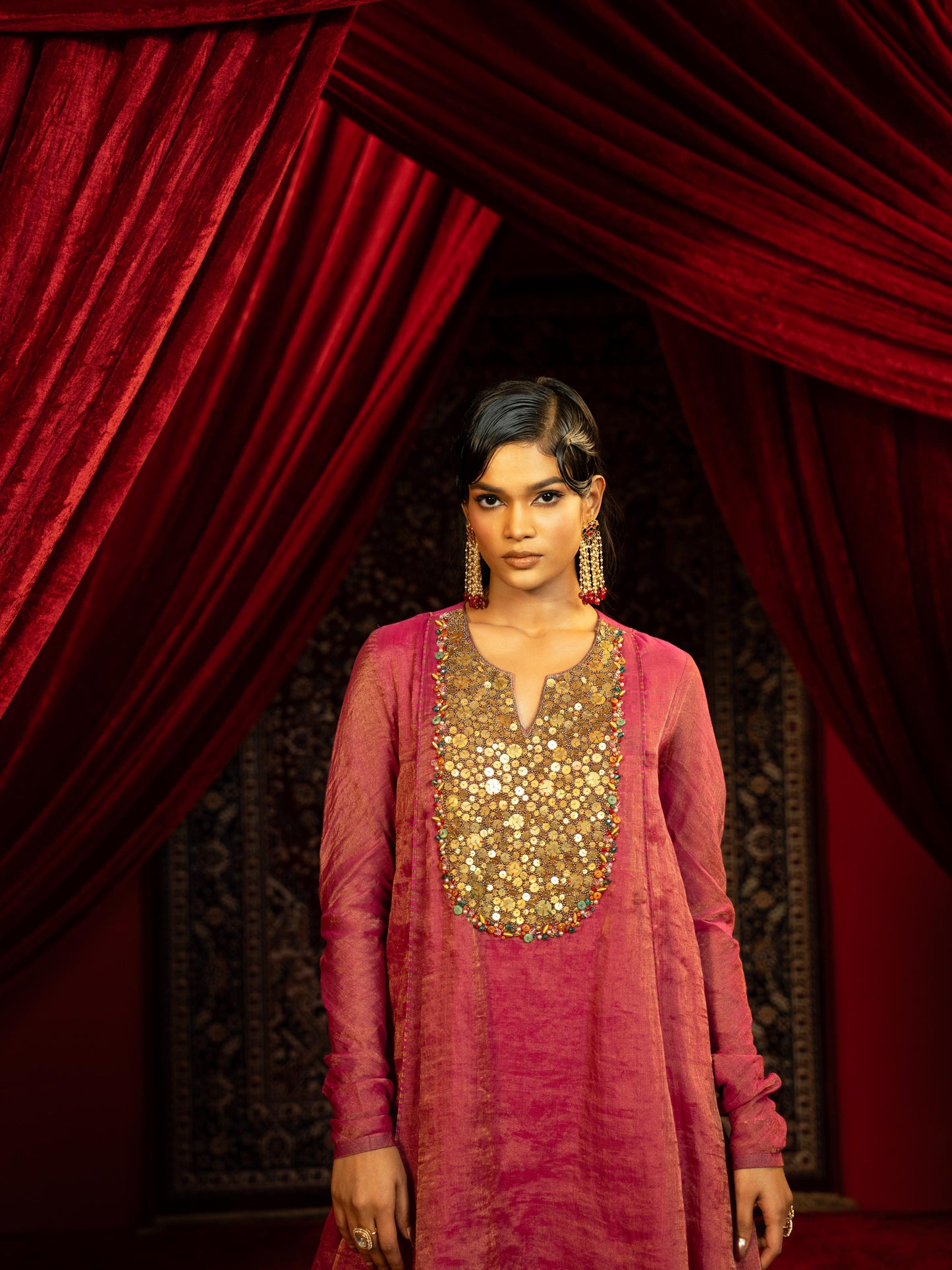 FUCHSIA PINK PEPLUM KURTA WITH SHARARA PANT