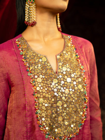 FUCHSIA PINK PEPLUM KURTA WITH SHARARA PANT