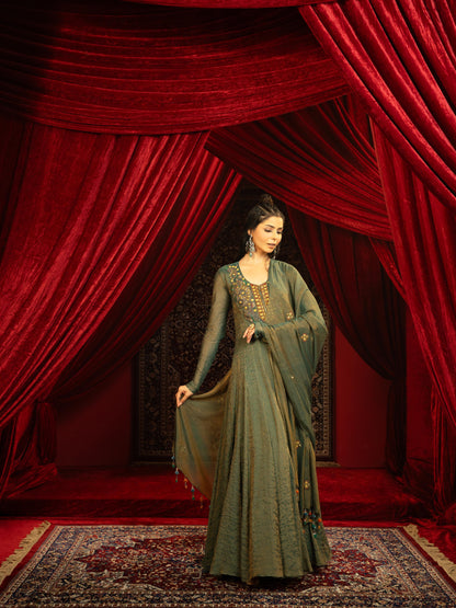 DEEP FOREST GREEN ANARKALI AND EMBROIDERED DUPATTA