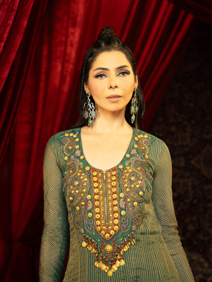 DEEP FOREST GREEN ANARKALI AND EMBROIDERED DUPATTA