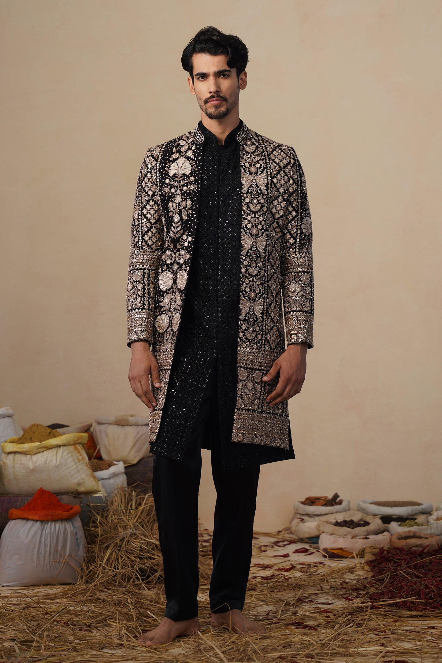 SANJH CUTDANA BLACK INDOWESTERN SET
