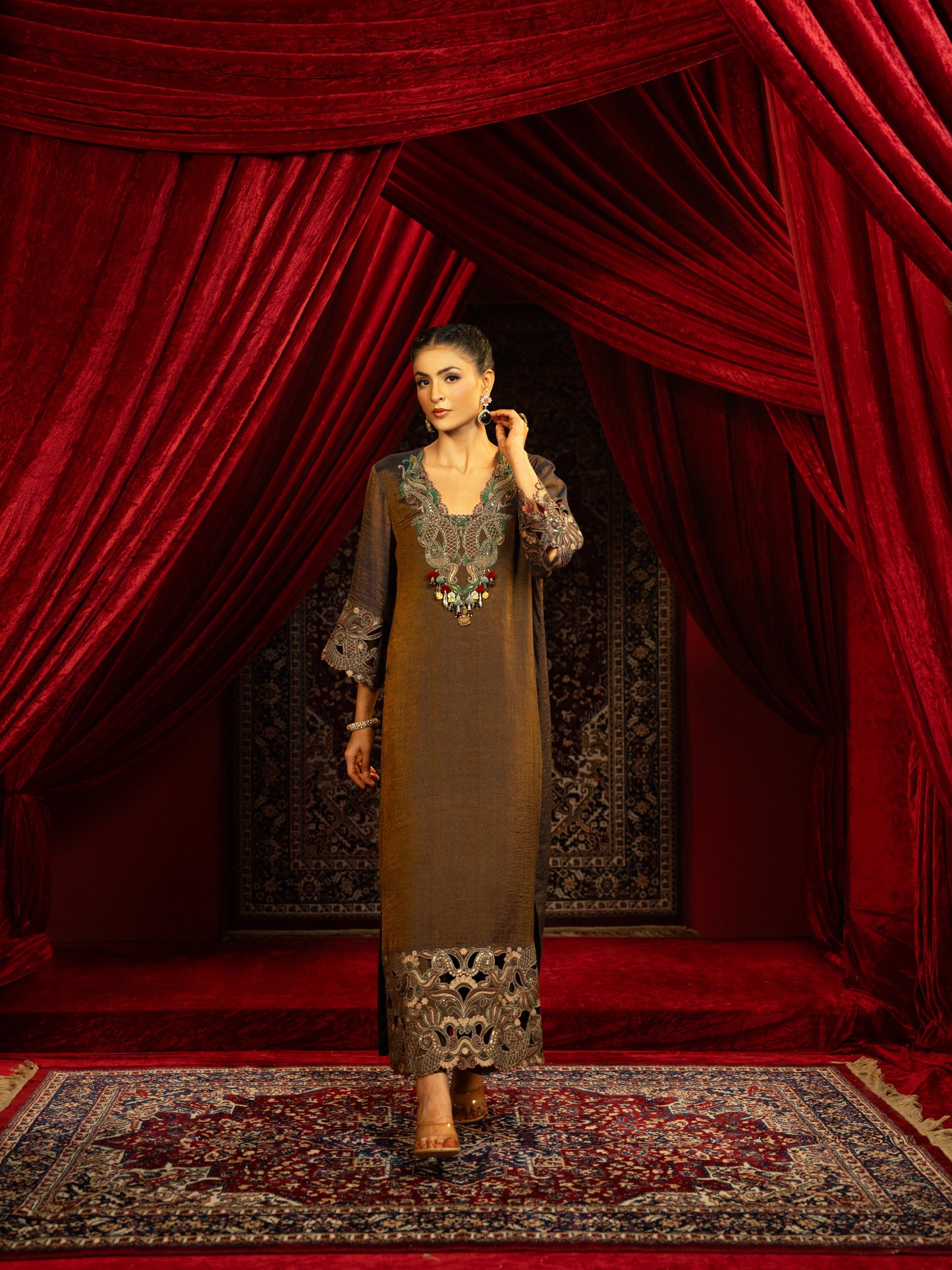 SPACE BLUE BOHO KURTA SET WITH HAND EMBROIDERY