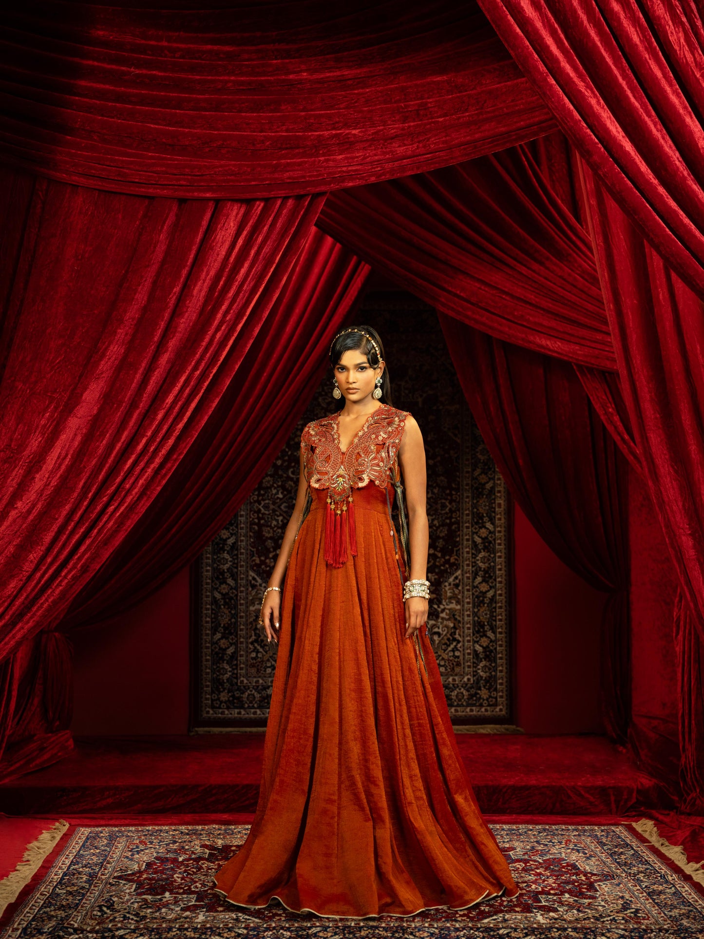 CRIMSON RED INDO-WESTERN ANARKALI GOWN WITH EMBROIDERED CAPE