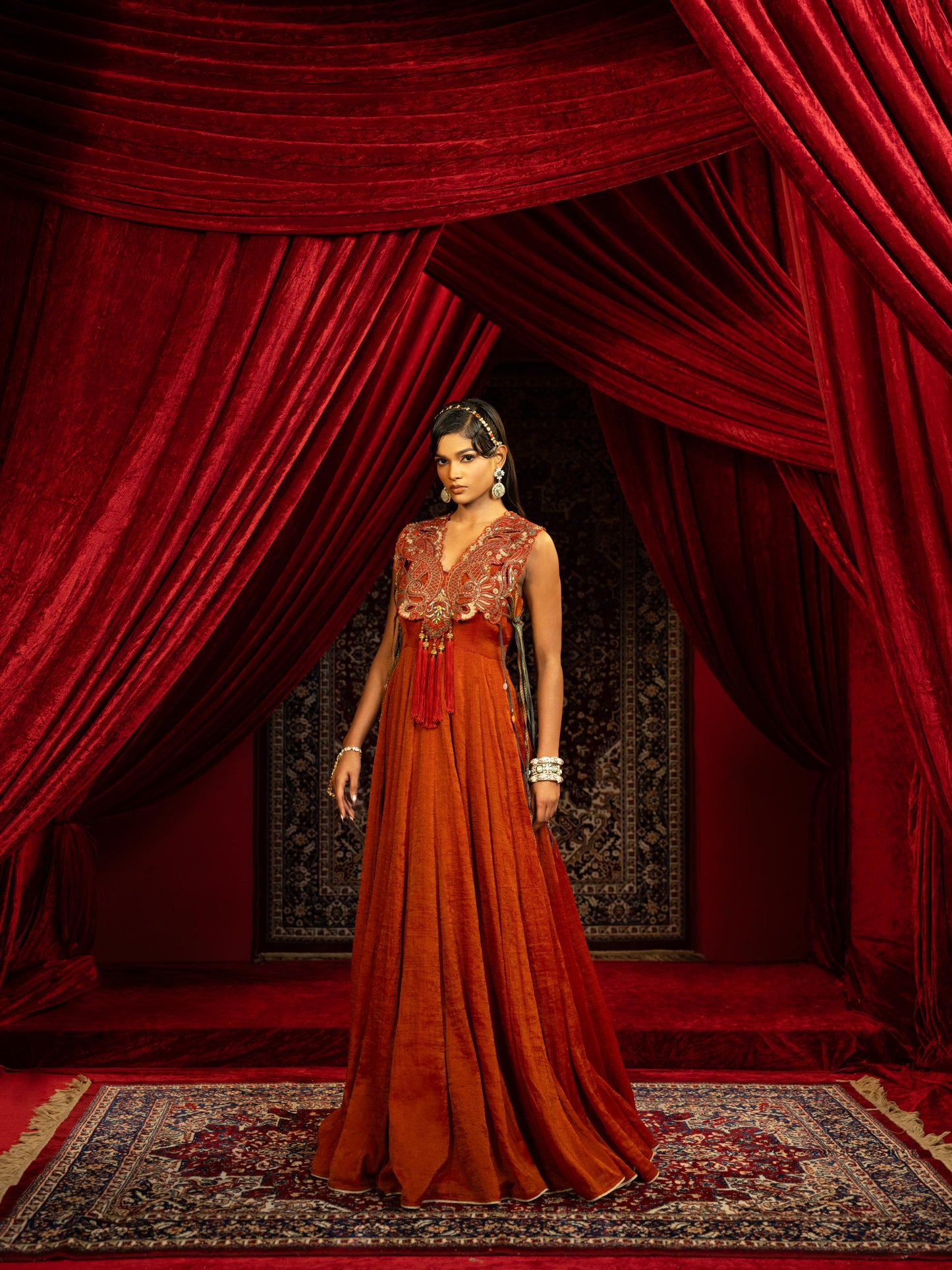 CRIMSON RED INDO-WESTERN ANARKALI GOWN WITH EMBROIDERED CAPE