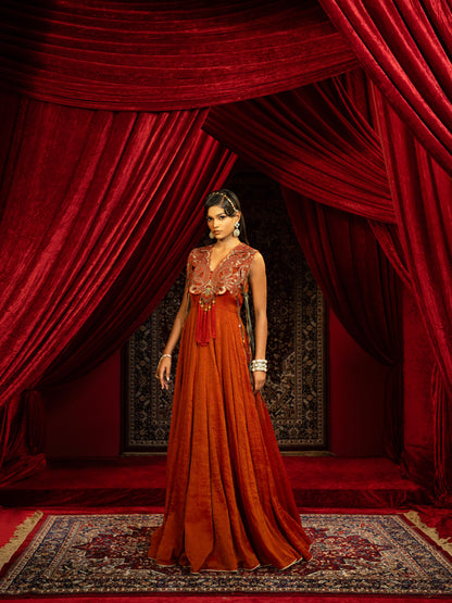 CRIMSON RED INDO-WESTERN ANARKALI GOWN WITH EMBROIDERED CAPE