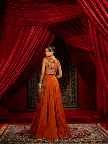 CRIMSON RED INDO-WESTERN ANARKALI GOWN WITH EMBROIDERED CAPE