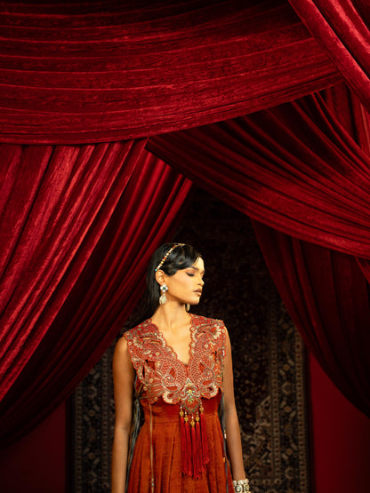 CRIMSON RED INDO-WESTERN ANARKALI GOWN WITH EMBROIDERED CAPE