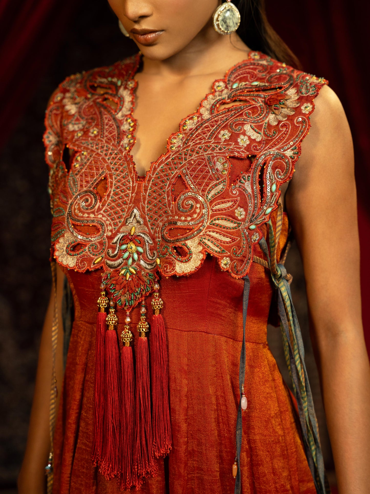 CRIMSON RED INDO-WESTERN ANARKALI GOWN WITH EMBROIDERED CAPE